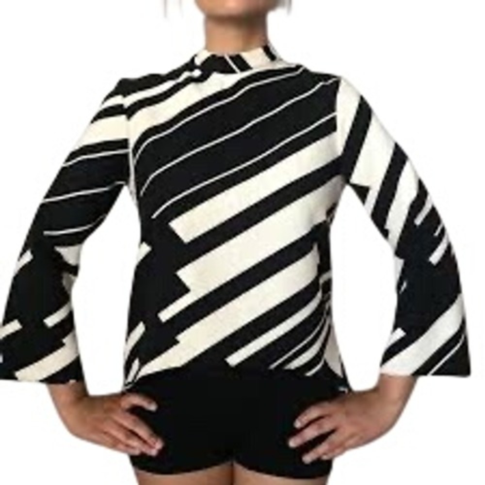 Zara Basic Geometric Abstract Print Black Cream Mock Neck Blouse Top Small S